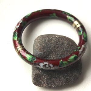 VTG Chinese bracelet cloisonne enamel émail floral red burgundy bourgogne